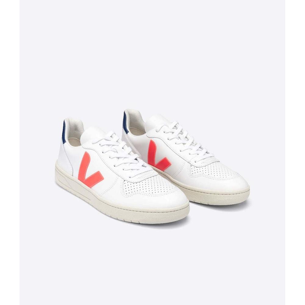 Women's Veja V-10 LEATHER Sneakers White/Orange/Blue | ZA 646JPQ